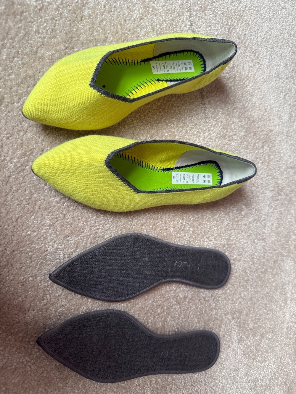 Rothy's Pointed Wool Knit Flats in Bright Yellow with Charcoal Trim - Picture 2 of 6